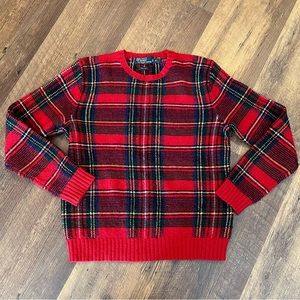 POLO Ralph Lauren tartan holiday plaid sweater men sz medium 100% wool red black